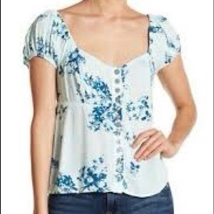 Free People Close to You Mint Blue Floral Print Top